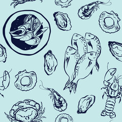 Vector seafood seamless pattern of dorado, lobster, oyster and shell. Hand-drawn food elements isolated on blue background. Aquatic illustration for design, print or background.