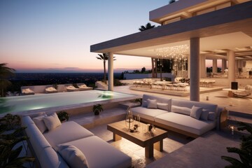 Fototapeta premium Stunning luxury villa with a spacious rooftop terrace, panoramic views