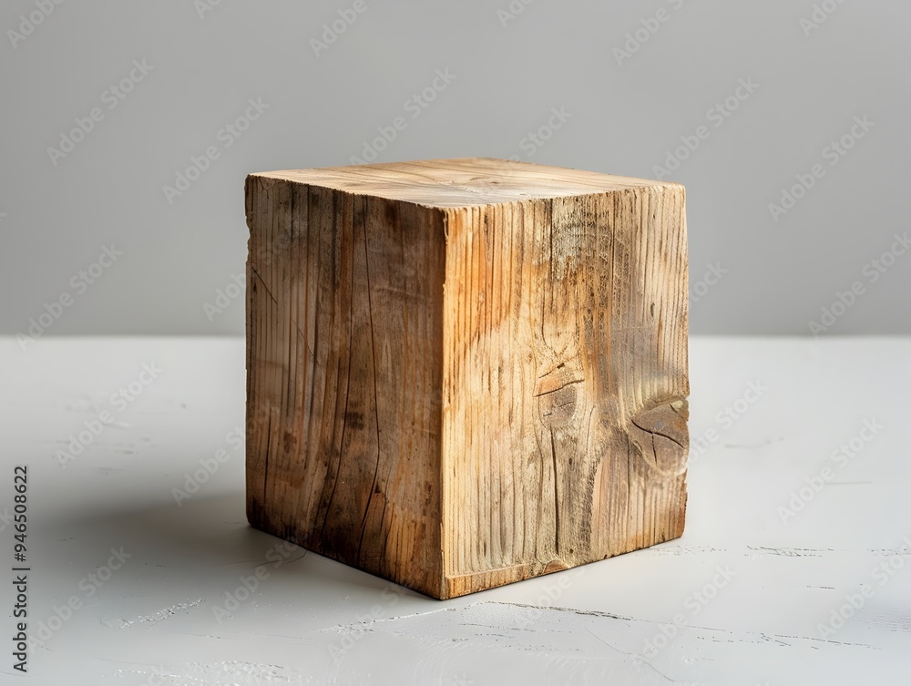 Poster minimalist wooden block on light grey background for product display and presentation