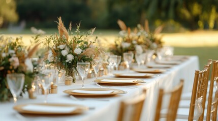 Elegant outdoor dining setup with floral arrangements, gleaming glassware, and stylish plates, perfect for special occasions.