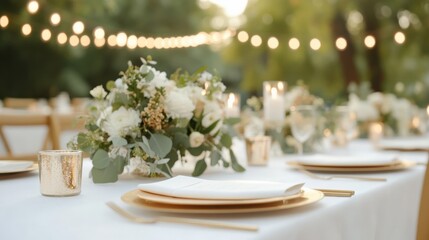 Fototapeta premium Elegant outdoor dining setup with floral arrangement and warm string lights, for celebrations and gatherings.