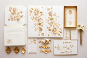 Vintage wedding invitation cards with gold foil accents, intricate designs, and formal script