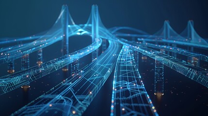 A futuristic digital representation of interconnected roads and bridges.