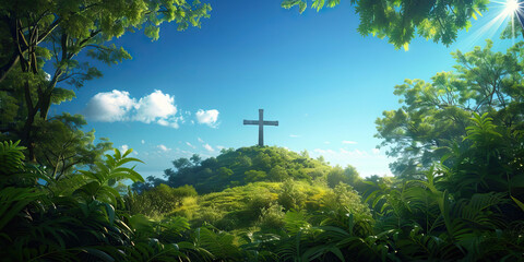 A serene photograph of a cross atop a hill, framed by lush greenery and a clear blue sky.