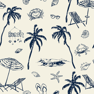 Vector beach accessories seamless pattern. Hand painted elements-palm, wave, shell, starfish, crab, umbrella and sunglasses isolated on beige background. For design, print, interior or background.