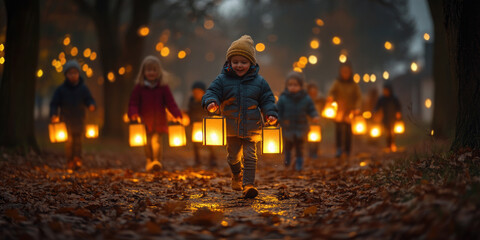 Group of children are happily walking through a path in an autumnal park at twilight, holding lanterns to celebrate saint martin's day