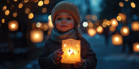 Little girl holding a lantern during a traditional saint martin's procession in the streets of a city