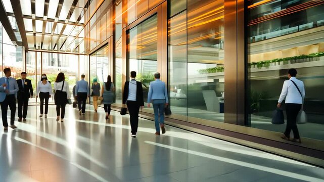 Busy city scene with blurred businesspeople walking outside modern glass buildings during a golden sunset, symbolizing urban life.
