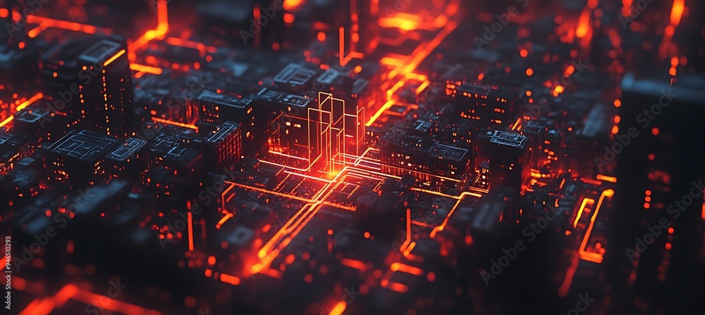 Poster a futuristic urban environment with ai-guided operations and digital infrastructure.