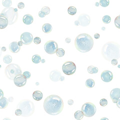 Blue water bubbles of different sizes and tones in a chaotic order. Watercolor illustration drawn by hand. Seamless pattern, endlessly repeating ornament, on a white background.