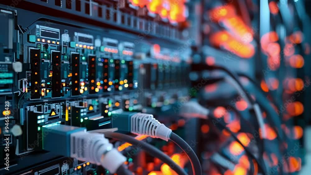 Poster close up of network server panel with multiple led lights blinking, concept of innovative production