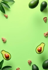 Fresh avocados and leaves on a vibrant green background, perfect for healthy eating, nutrition, and food-related projects.