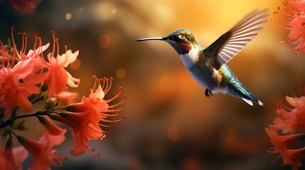 Fototapeta premium A captivating view of a hummingbird feeding on a vibrant blossom, highlighting the interaction between the bird and the flower in breathtaking