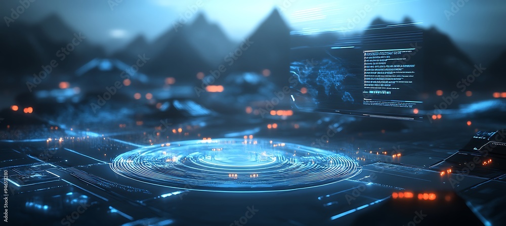 Poster a futuristic urban environment with ai-guided operations and digital infrastructure.