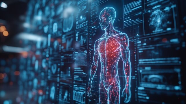 Advanced holographic medical symbols and a digital human anatomy model showcase innovations in healthcare technology and visualization techniques.