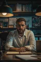 Obraz premium A man sitting at a desk in an office with a laptop