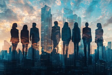 People standing in city skyline double exposure created with Generative AI