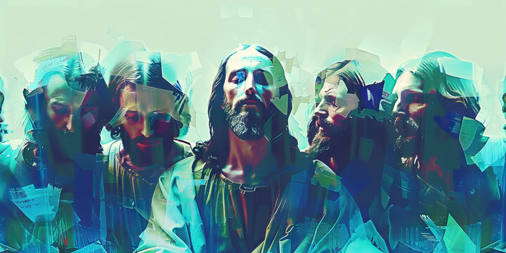The Last Supper - A modern interpretation of Jesus and his disciples, their features abstracted and blurred, with a cool, calm color scheme of blues and greens.