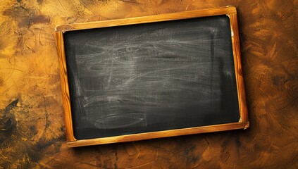 Top view of a blank blackboard with wooden edges against a rich amber background, ideal for school presentations