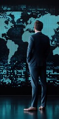A business leader standing in front of a digital map of the world, highlighting regions of green energy investment and development