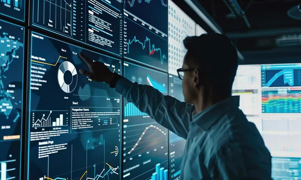 Person analyzing data on futuristic digital screens in control room