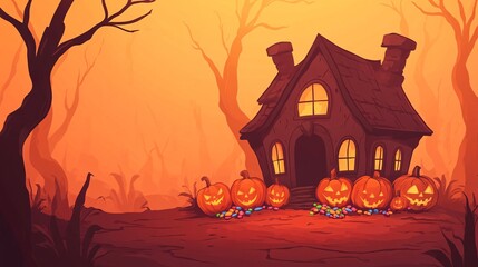 A spooky Halloween scene featuring a haunted house and carved pumpkins.