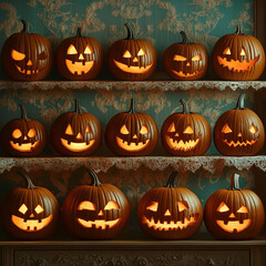 A variety of pumpkins and jack-o-lanterns sit in chaotic arrangement in the image.