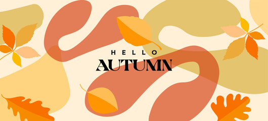 Trendy art style abstract autumn poster, cover, card with bright beautiful leaves and plants. Fall background, Sale banner, or flyer design. Template for advertising, web, social media, print