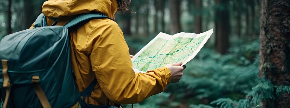 Close-up of a hiker looking at a map in a forest, wearing a yellow rain jacket and backpack, holding a paper map with green trails. Realistic photography, cinematic grading.