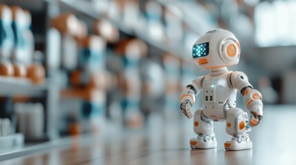 A small, futuristic robot stands alone in a high-tech facility, symbolizing the advancements in robotics and the potential for innovation in automated tasks and services.