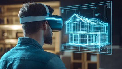 A man using augmented reality glasses creates a futuristic home interior project with blueprints of the building structure on a digital screen