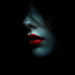 Beautiful young pale woman with red lips in the dark shadows with copy space on black background