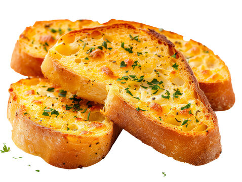 Close-up of delicious and crispy garlic bread slices garnished with parsley, perfect for an appetizer or side dish.