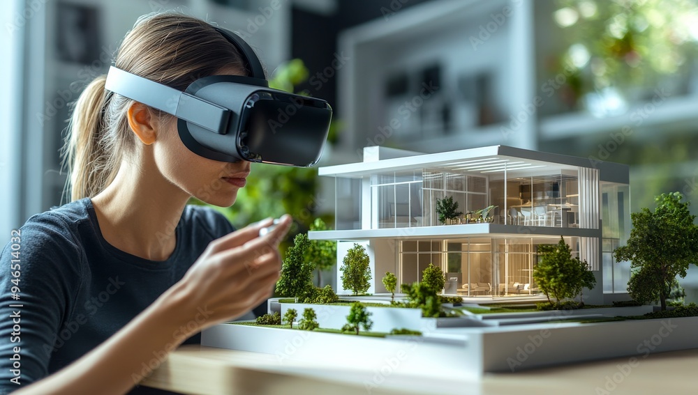 Poster a person wearing a virtual reality headset and augmented reality glasses, holding a 3d model of a mo