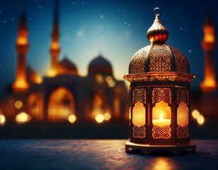 Ornamental Arabic lantern with burning candle glowing at night mosque background. Festive greeting card, invitation for Muslim holy month Ramadan 