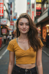 A woman standing in the middle of a city street