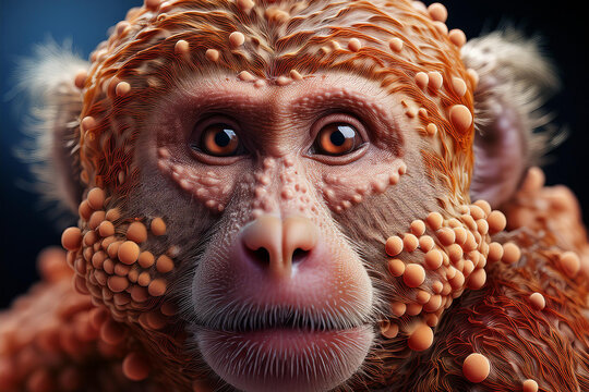 Realistic monkey illustration with blistered sores on face and body due to illness. Infectious diseases, epidemic concept.