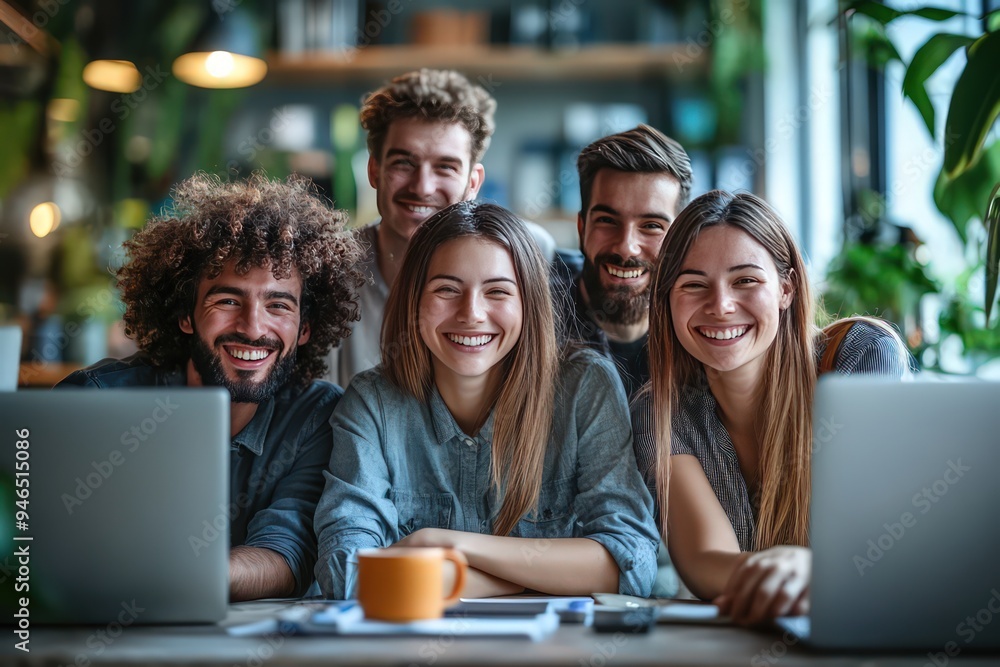 Poster group of business people and software developers are happy working as a team in office