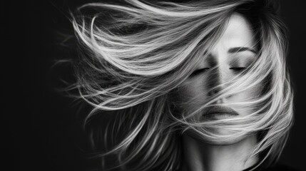 A black and white portrait of a woman caught in motion, with her hair dramatically sweeping across her face, capturing a moment of introspective beauty and raw emotion.