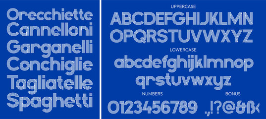 An alphabet of parallel lines. High-quality typographic font in upper and lower case, with numbers. Suitable for advertising spaghetti, pasta