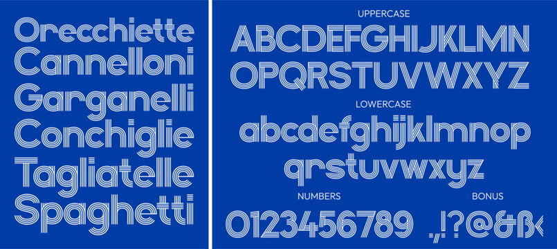 An alphabet of parallel lines. High-quality typographic font in upper and lower case, with numbers. Suitable for advertising spaghetti, pasta