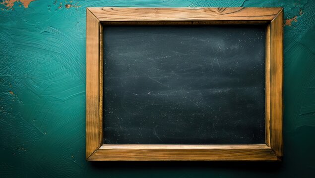Top view of an empty blackboard with a wooden frame on a deep sea green background, perfect for school or education concepts Space for text and designs