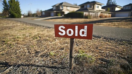A close-up of a 'Sold' sign in front of residential homes, indicating success in real estate sales and property transactions.