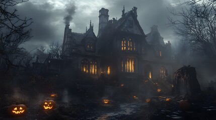 A dark gothic mansion with glowing windows and intricate Halloween decorations surrounded by a misty atmosphere