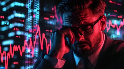 A distressed businessman analyzes fluctuating stock data against a vibrant neon backdrop, capturing the stress of finance.