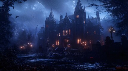 Fototapeta premium A misty night scene featuring a dark gothic mansion with glowing windows and detailed Halloween dÃ©cor enhancing its eerie allure