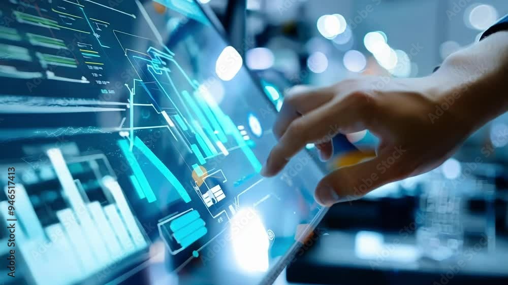 Poster engineer is interacting with a futuristic touchscreen interface, monitoring and controlling an innov