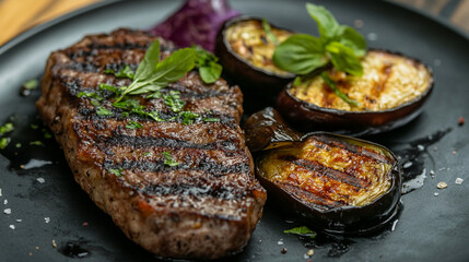 Grilled Ribeye Steak with Charred Vegetables.Close-up.