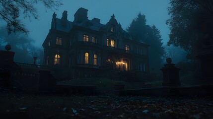 A dark mansion with elaborate gothic architecture glowing Halloween decorations and a misty atmosphere enhancing its eerie vibe