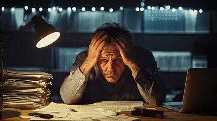 A stressed individual working late, surrounded by paperwork, reflecting the challenges of modern office life and burnout.